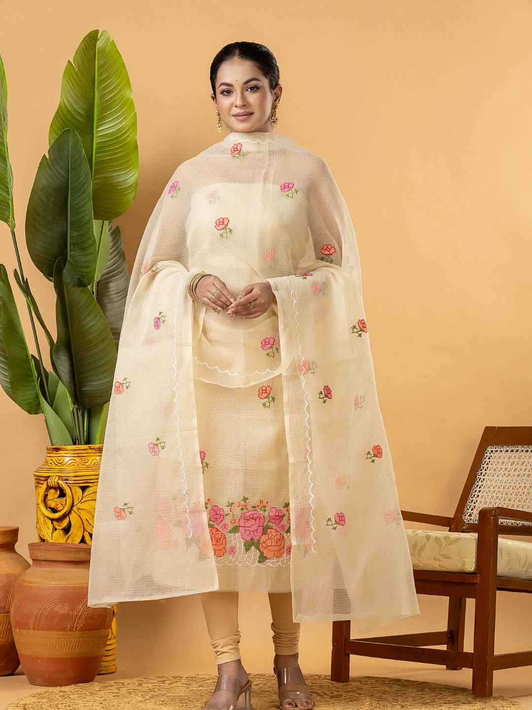 Classic Kota Doria Cotton Unstitched 2-Piece Kurti | Cream