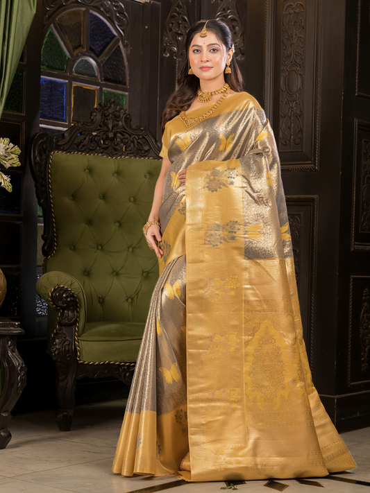Tamra Vastra - Lava Rock Black silk with golden checks and shrine motifs