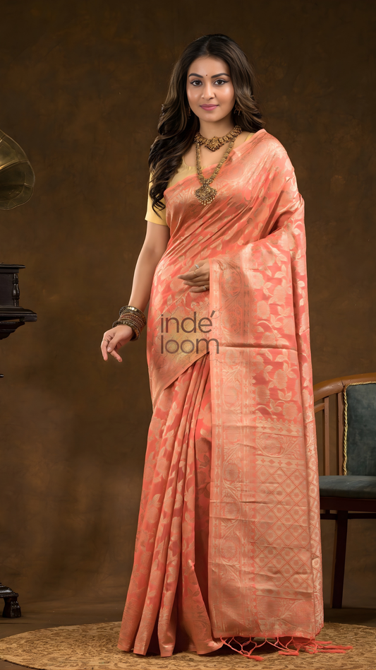 Floral woven design Silk blend Jacquard Saree | Pastel Red