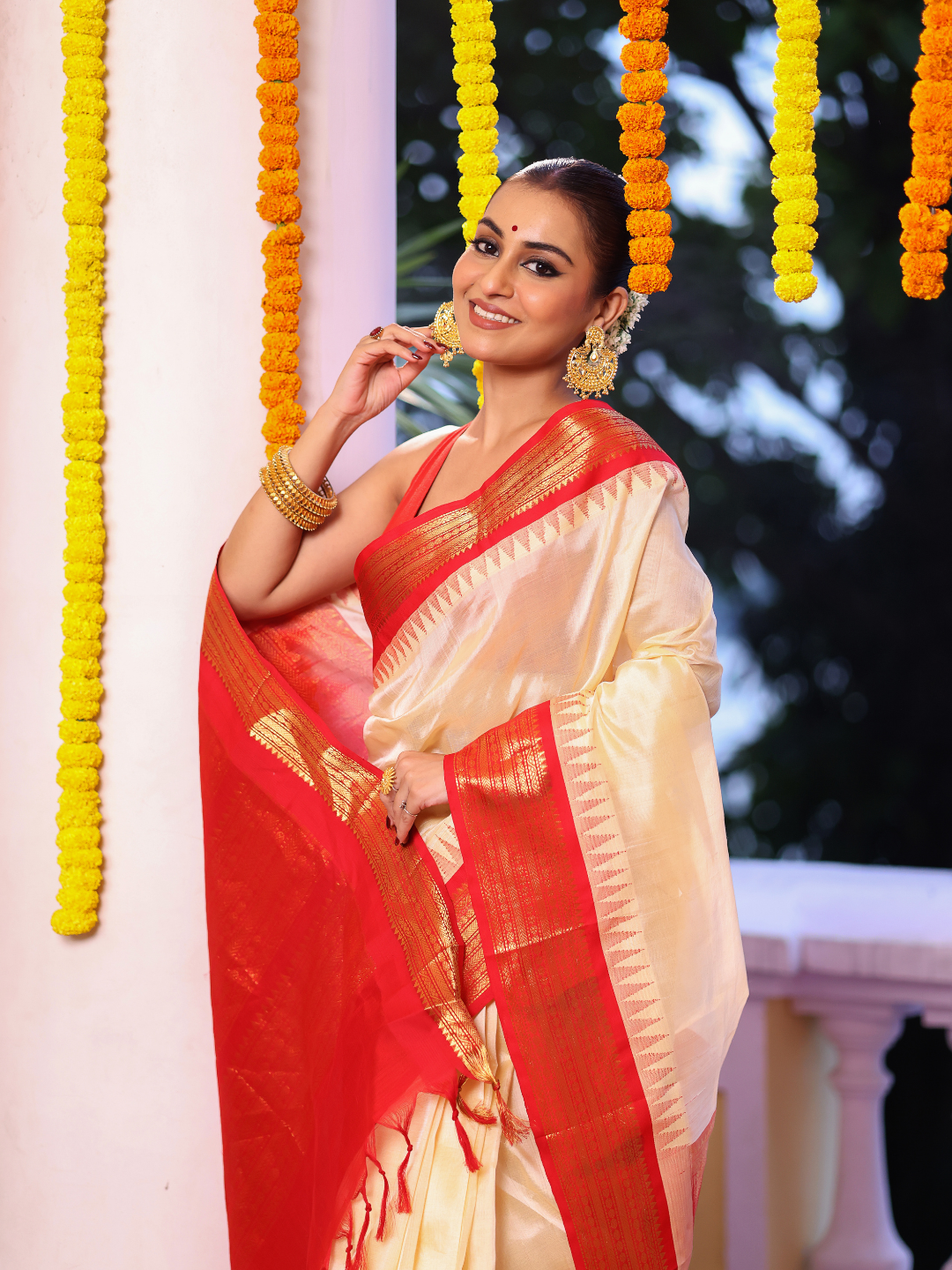 Pure Handloom Korvai Saree | Ivory White and Red