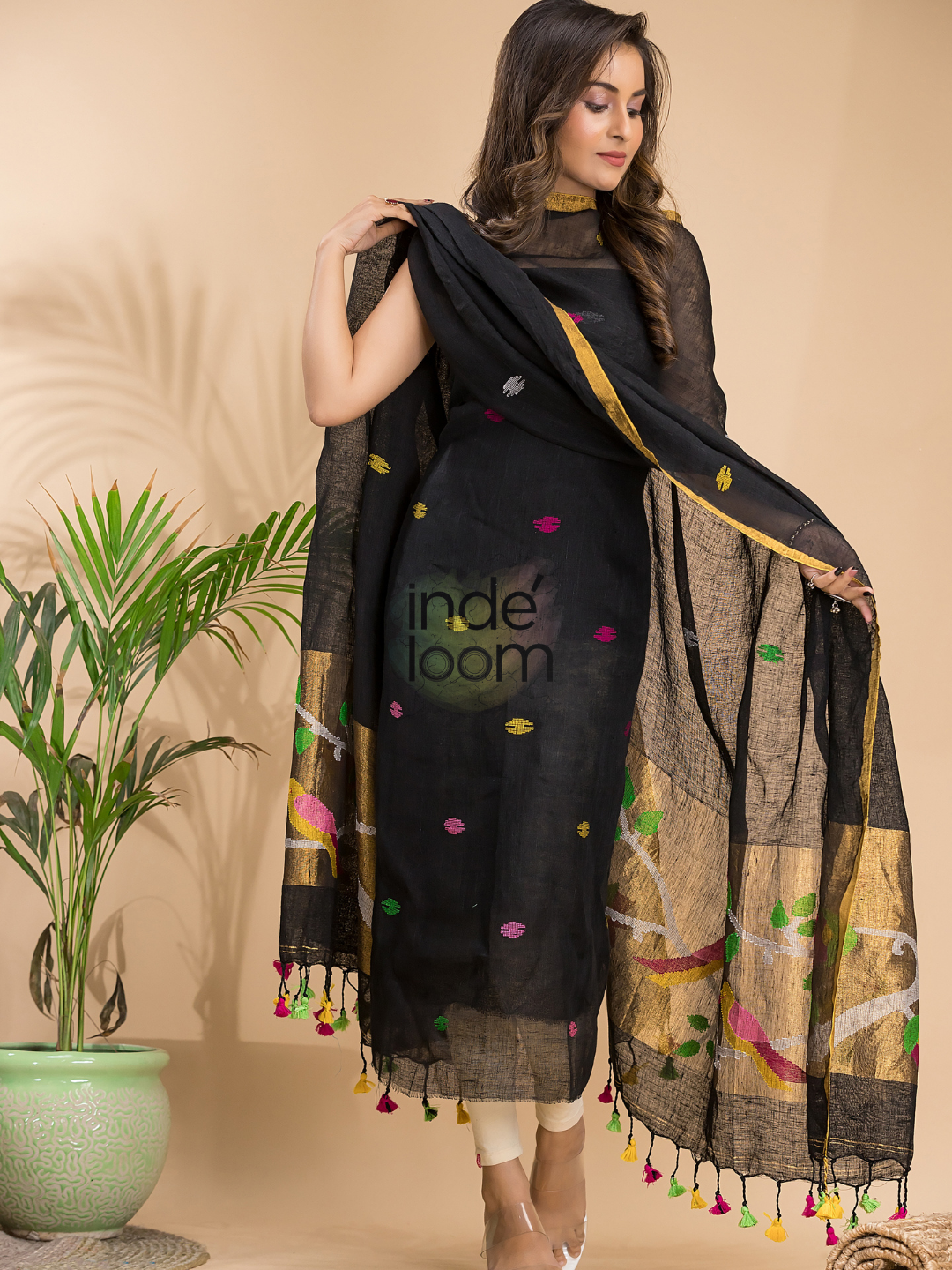 Royal Black Linen X Linen 2-Piece Set Kurti & Dupatta (UNSTITCHED) - 008