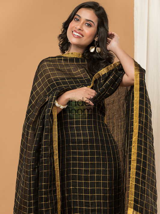 Black with Golden color Jamdani 2-Piece Set Kurti & Dupatta (UNSTITCHED) - 145