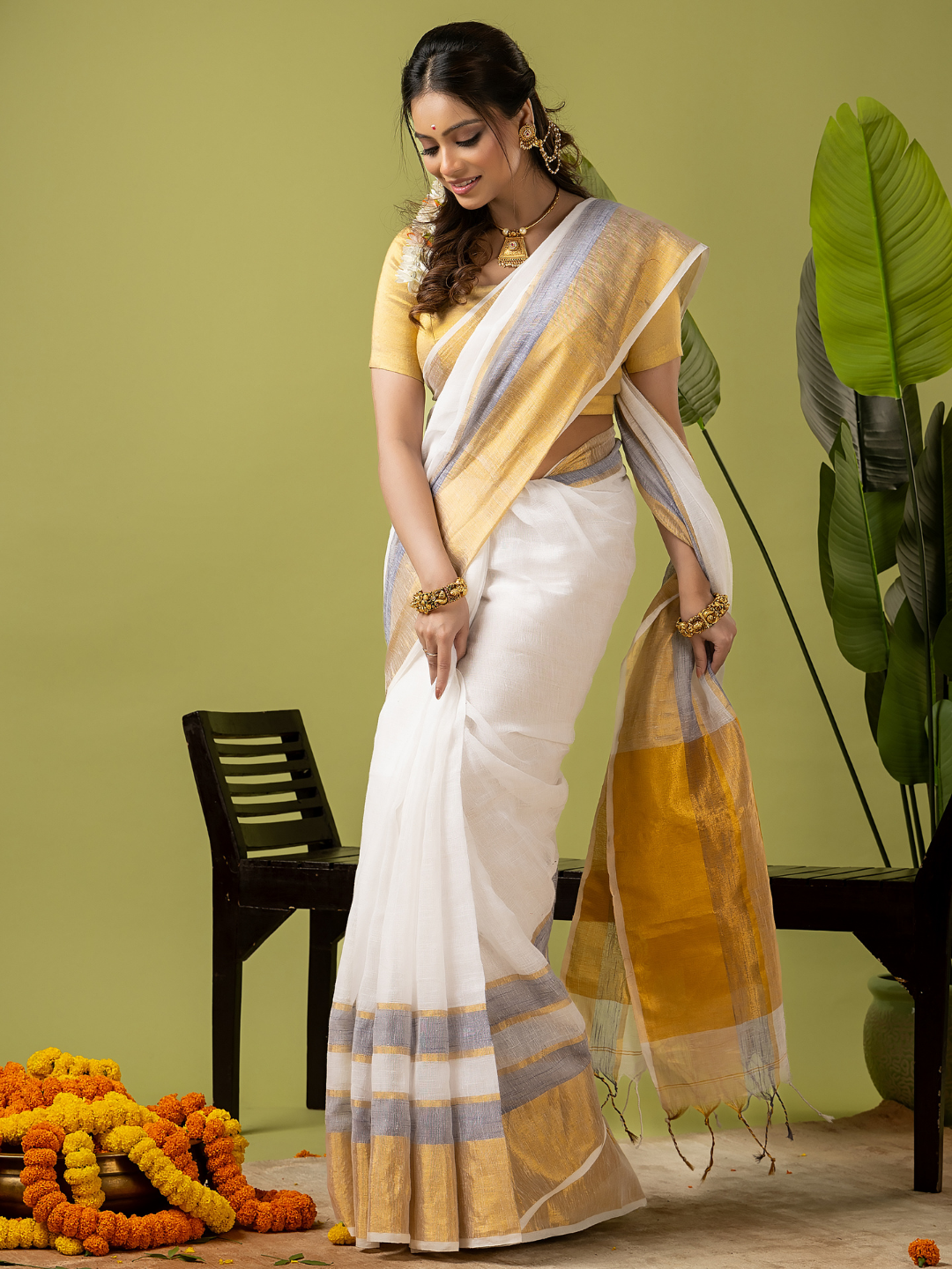 Pure Handloom Linen Saree | Pearl White  and White  | Half and Half style with Contrast Border