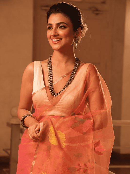 Handwoven Pure Jamdani Muslin Saree  |  Fire Orange
