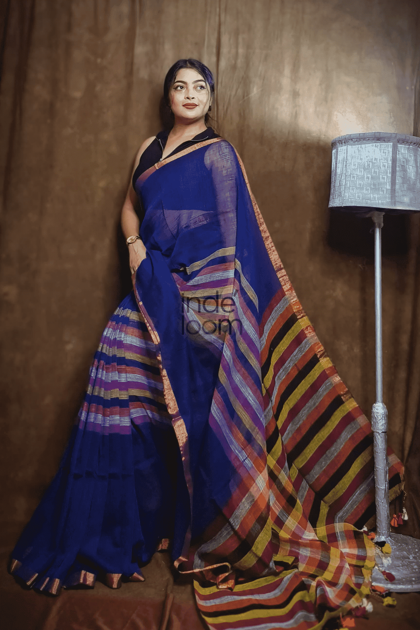 Handloom Linen Checks Saree with Blue and Multicolor Stripes Pallu-014 - indeloom
