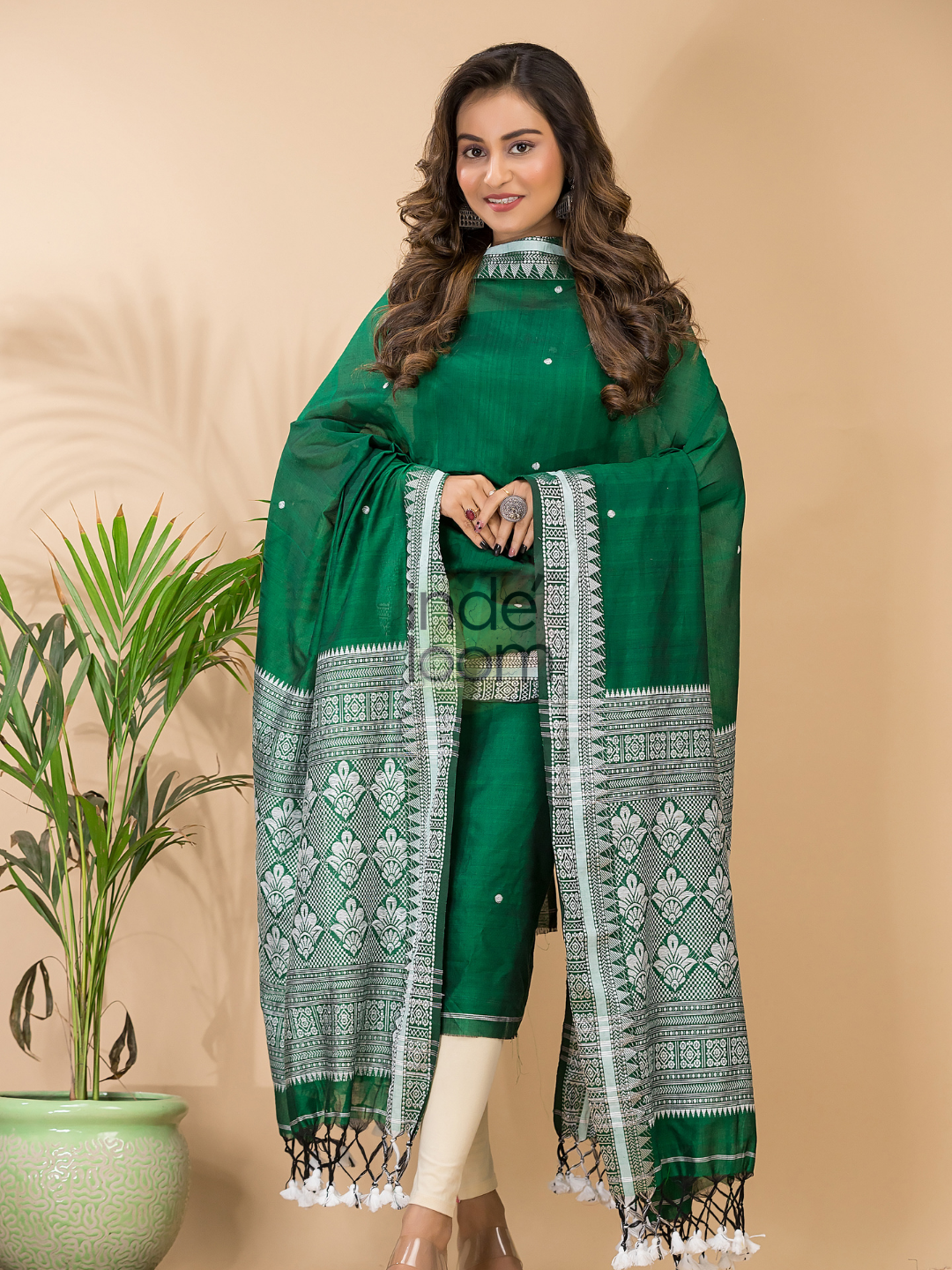 Dark Green Muslin Cotton X Baluchari 2-Piece Set Kurti & Dupatta (UNSTITCHED) - 069