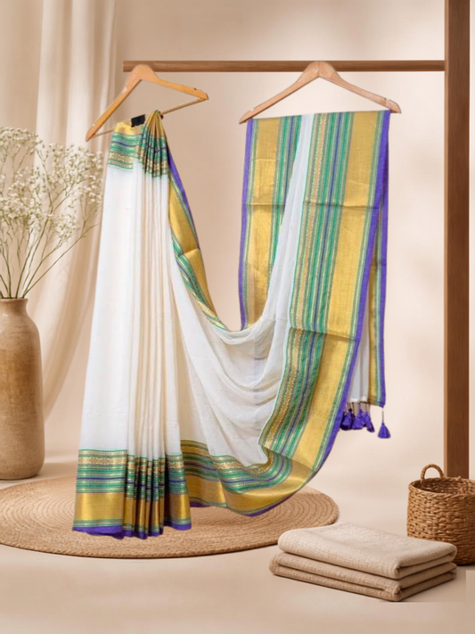 Pure Handloom Mul Cotton Saree | Pearl White