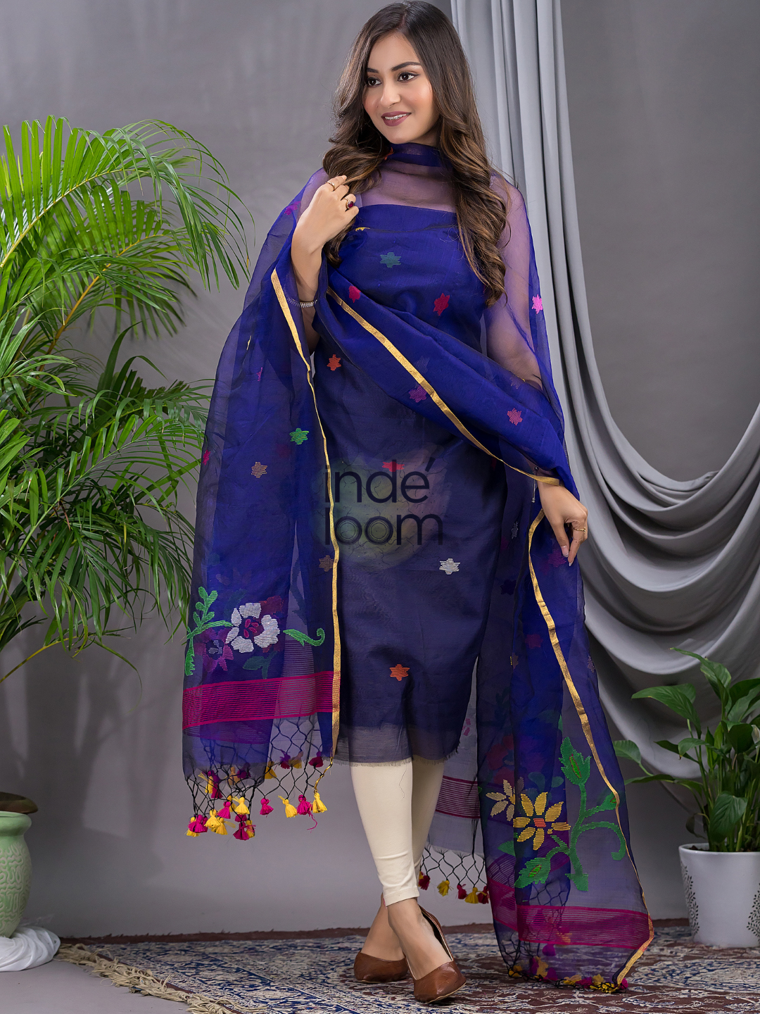 Indigo Blue Cotton Silk Jamdani 2-Piece Set Kurti & Dupatta (UNSTITCHED) - 108