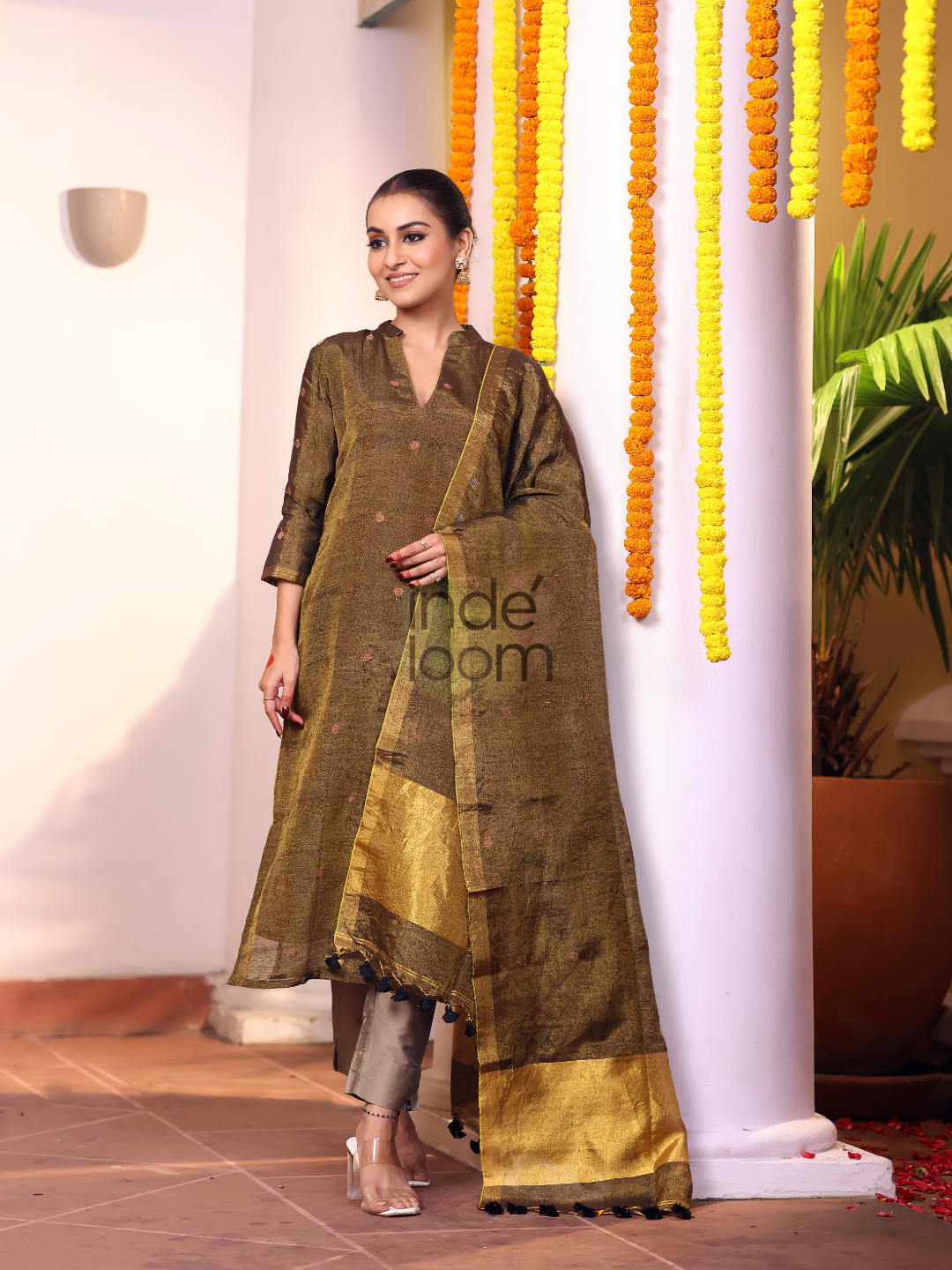 Olive Green Tissue Linen Jamdani 2-Piece Set Kurti & Dupatta (UNSTITCHED) - 316