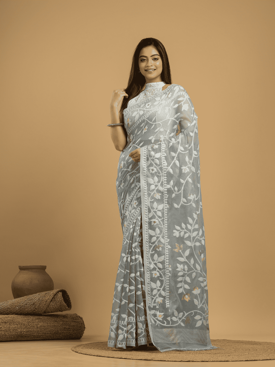 Beige Brown Cotton Silk Jamdani Saree - 028 - indeloom