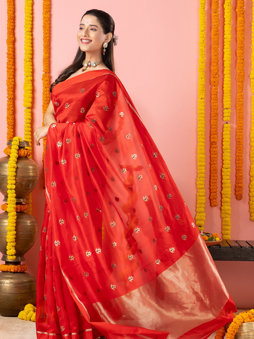 Handwoven Chanderi Silk Saree | Classic Red