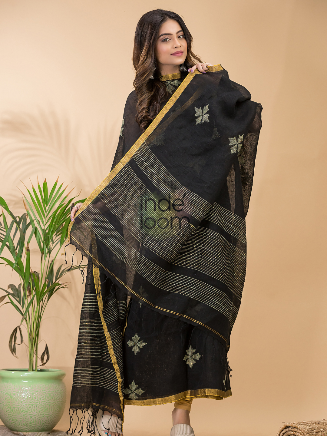 Coal Black Linen X Linen 2-Piece Set Kurti & Dupatta (UNSTITCHED) -091