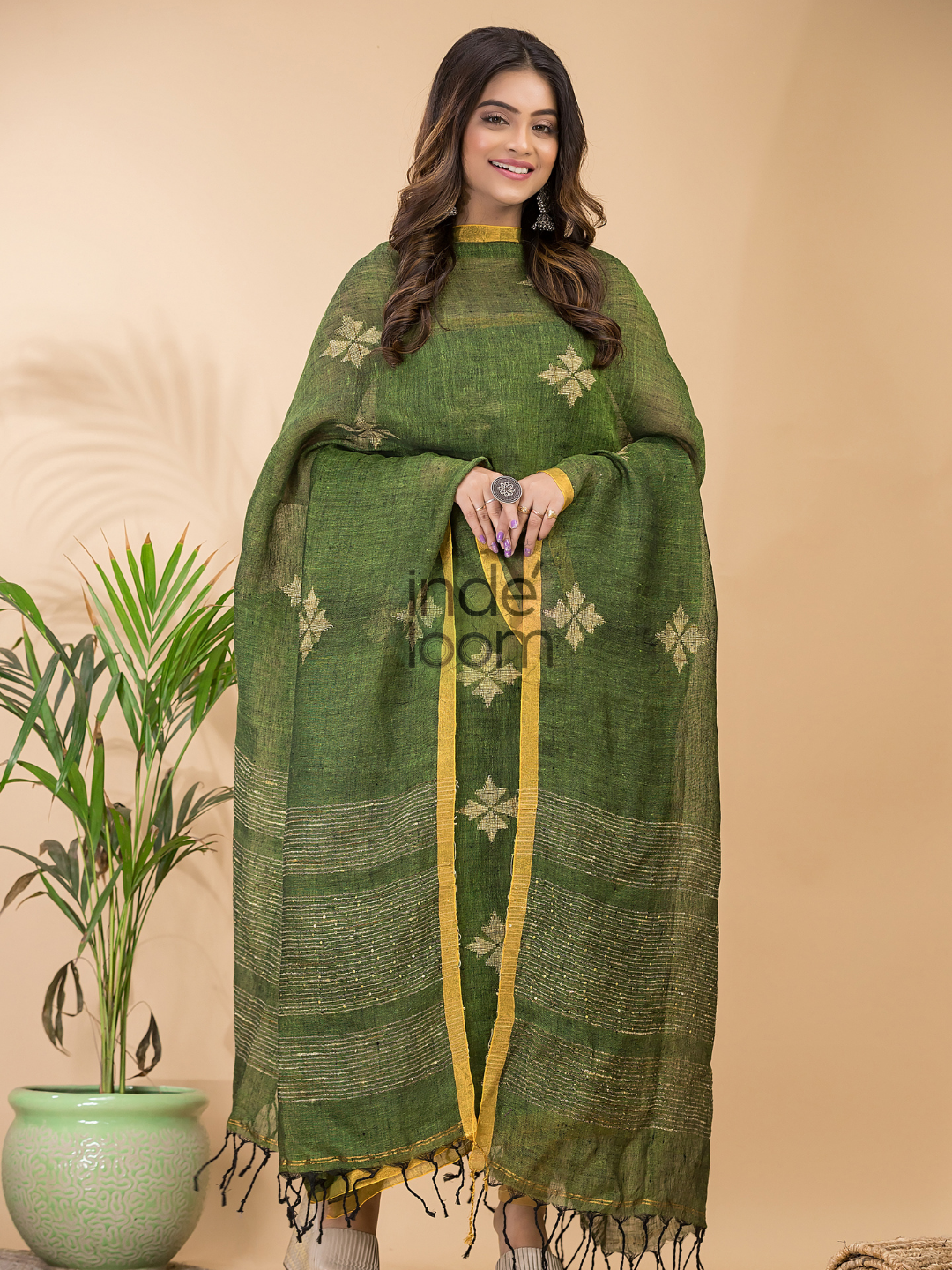 Jungle Green Linen X Linen 2-Piece Set Kurti & Dupatta (UNSTITCHED) - 092