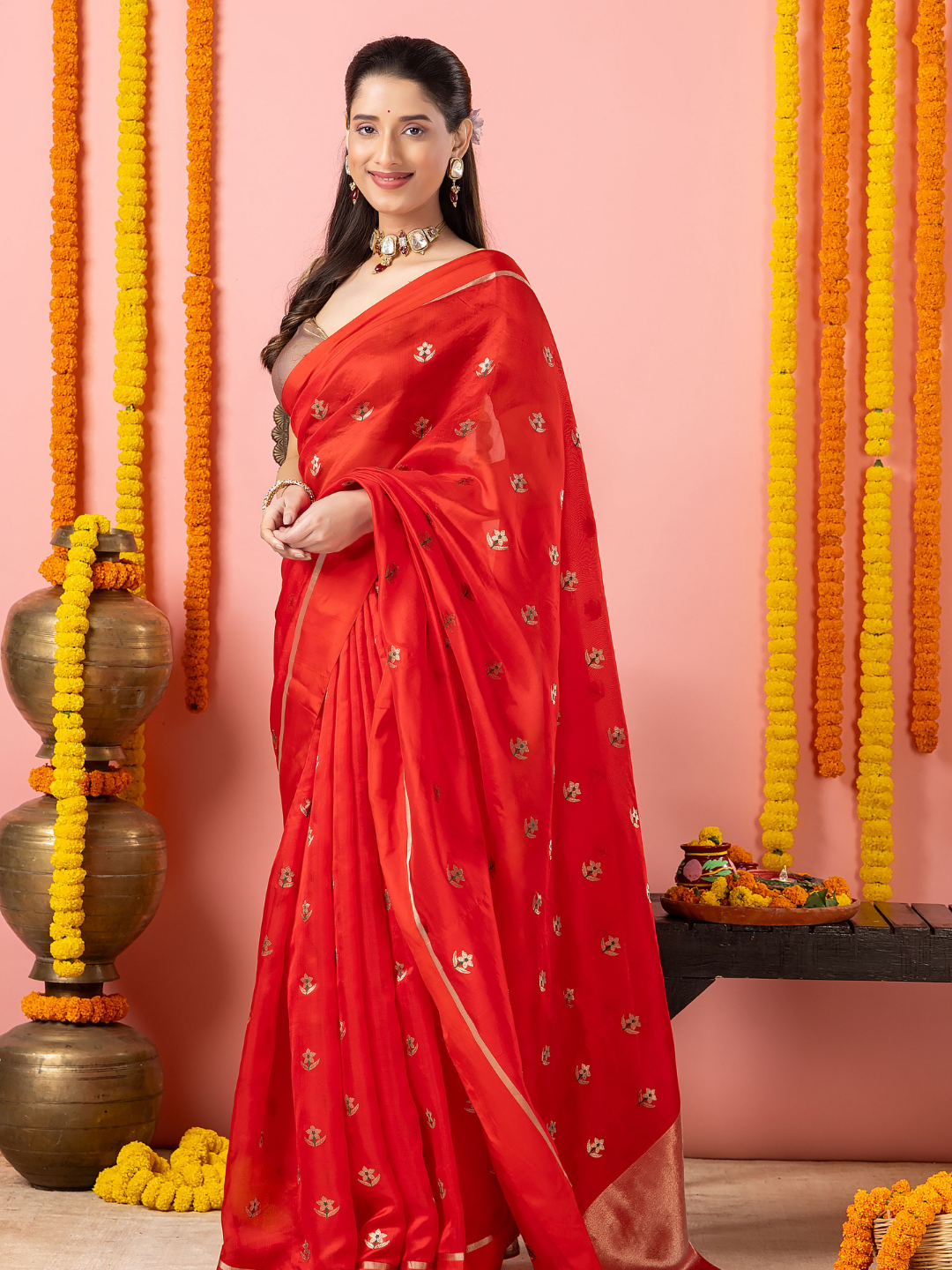 Handwoven Chanderi Silk Saree | Classic Red