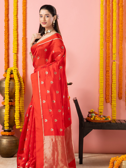 Handwoven Chanderi Silk Saree | Classic Red