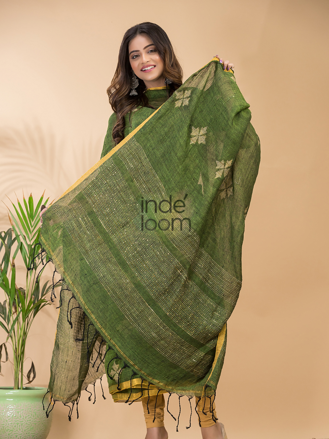 Jungle Green Linen X Linen 2-Piece Set Kurti & Dupatta (UNSTITCHED) - 092