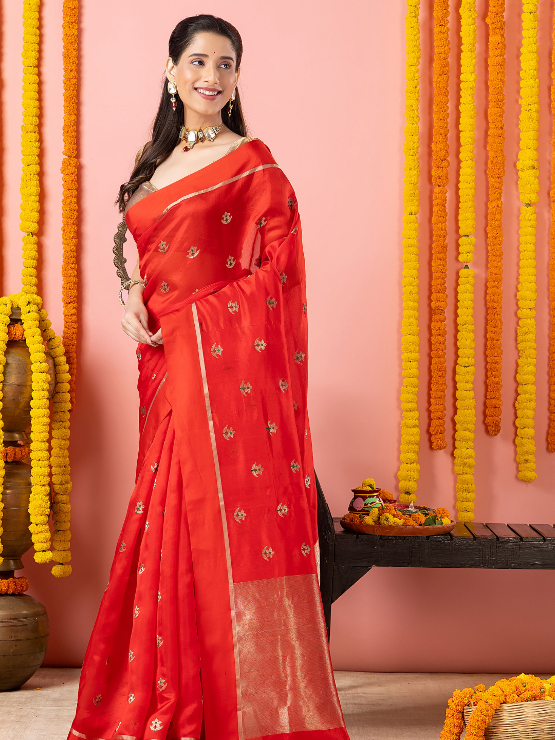 Handwoven Chanderi Silk Saree | Classic Red