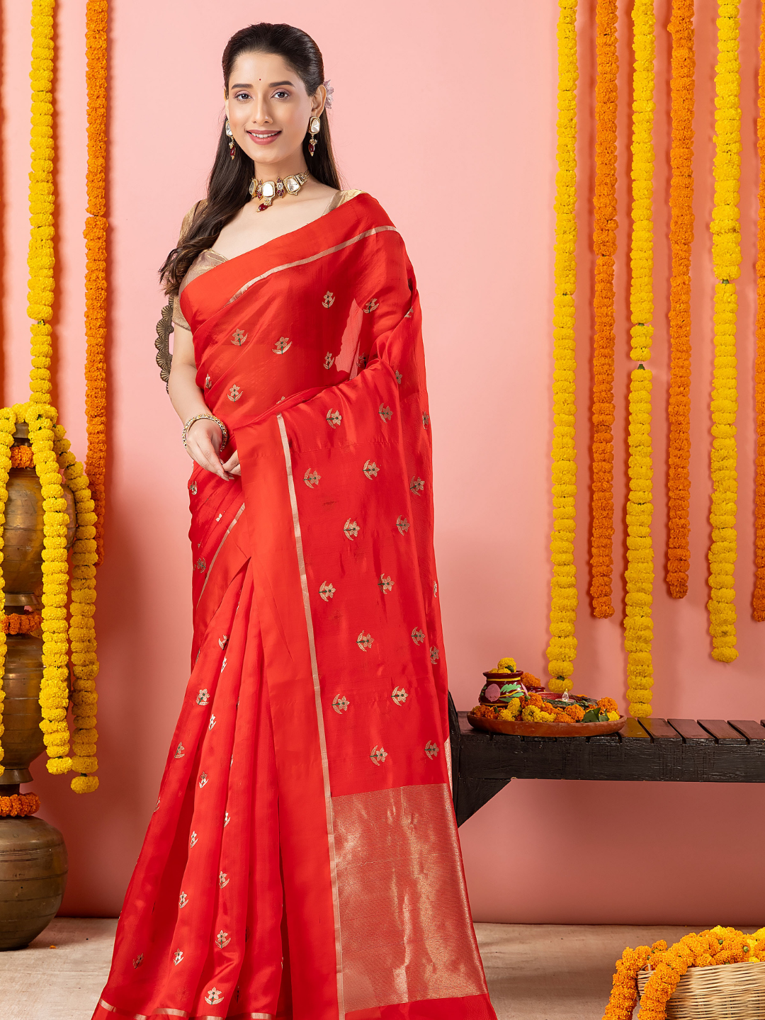 Handwoven Chanderi Silk Saree | Classic Red
