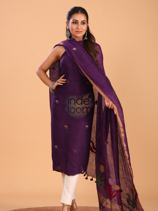 Grape Purple Linen Jamdani 2-Piece Set Kurti & Dupatta (UNSTITCHED) - 077