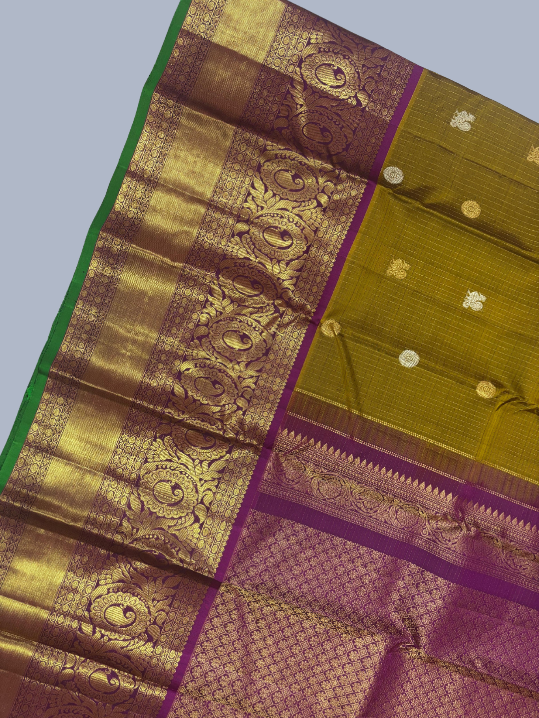 Pure Handwoven Gadwal Silk Saree With Olive Green -031
