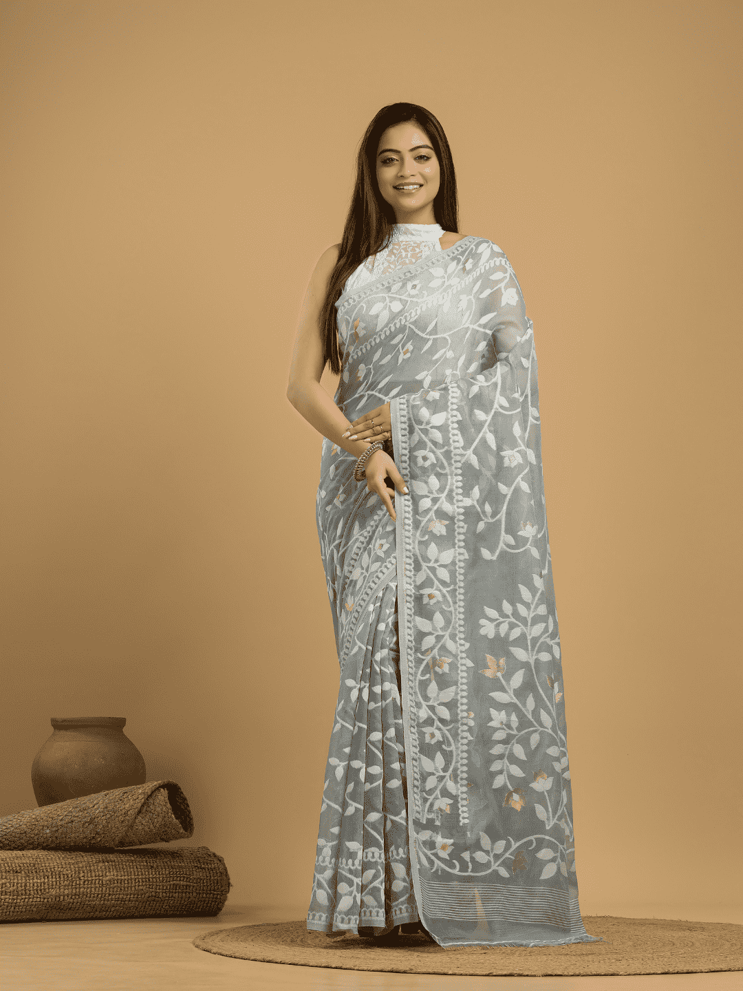 Beige Brown Cotton Silk Jamdani Saree - 028 - indeloom