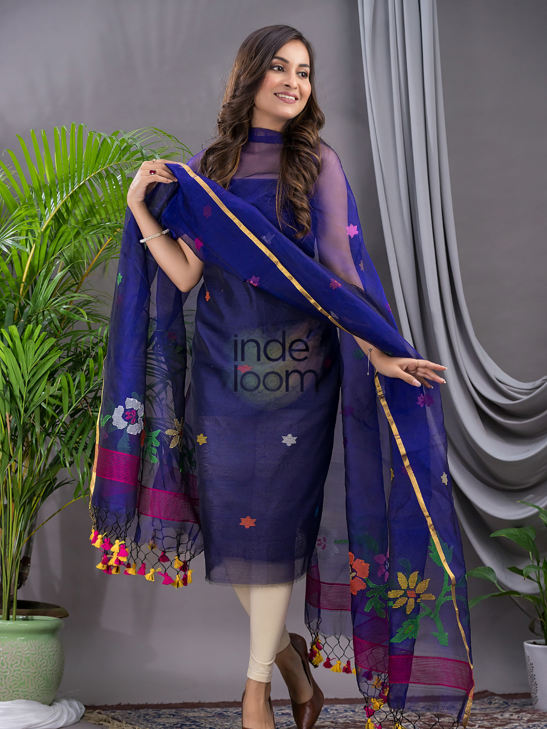 Indigo Blue Cotton Silk Jamdani 2-Piece Set Kurti & Dupatta (UNSTITCHED) - 108