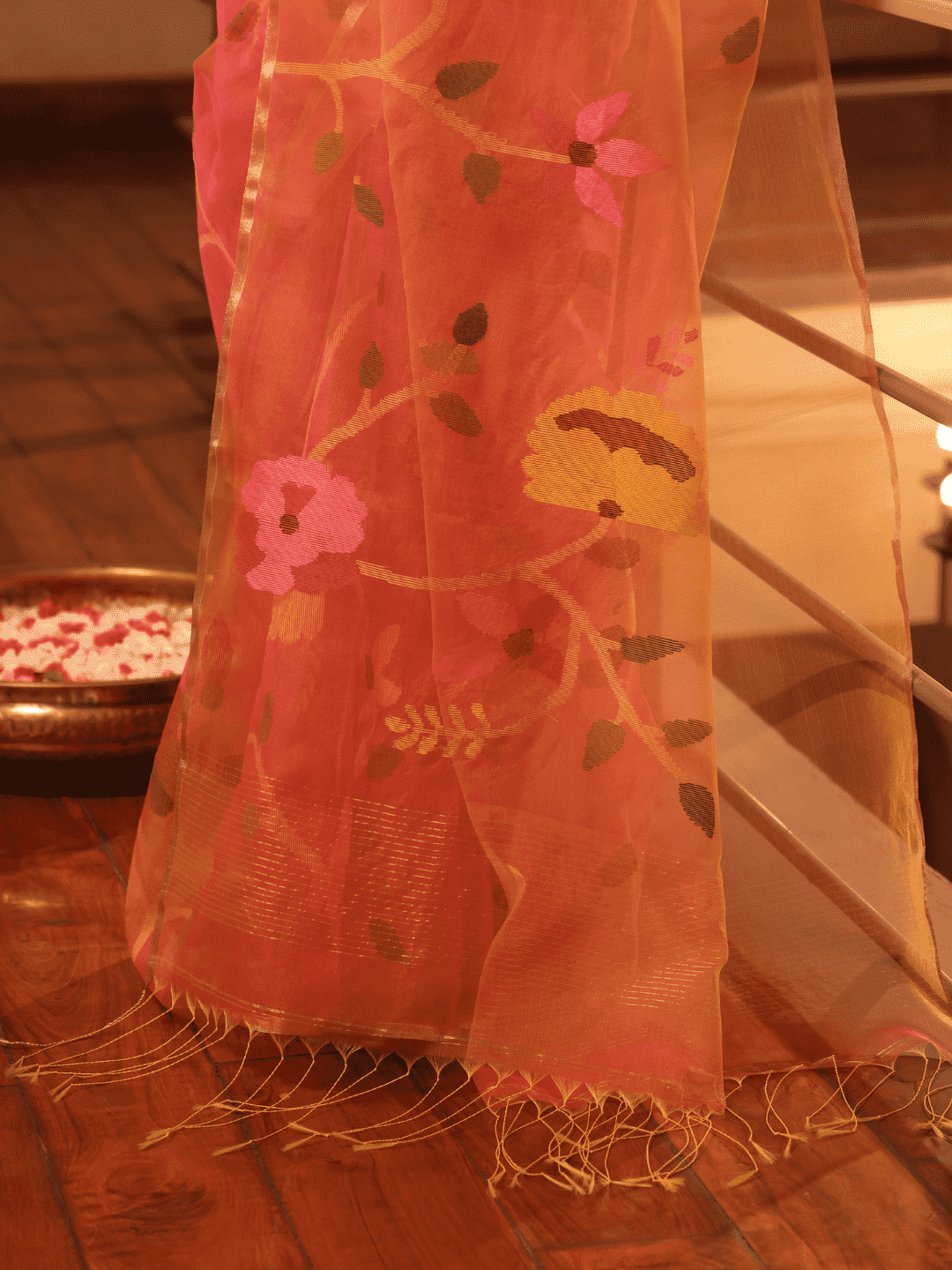 Neon Orange Hand Made Jamdani Saree -099