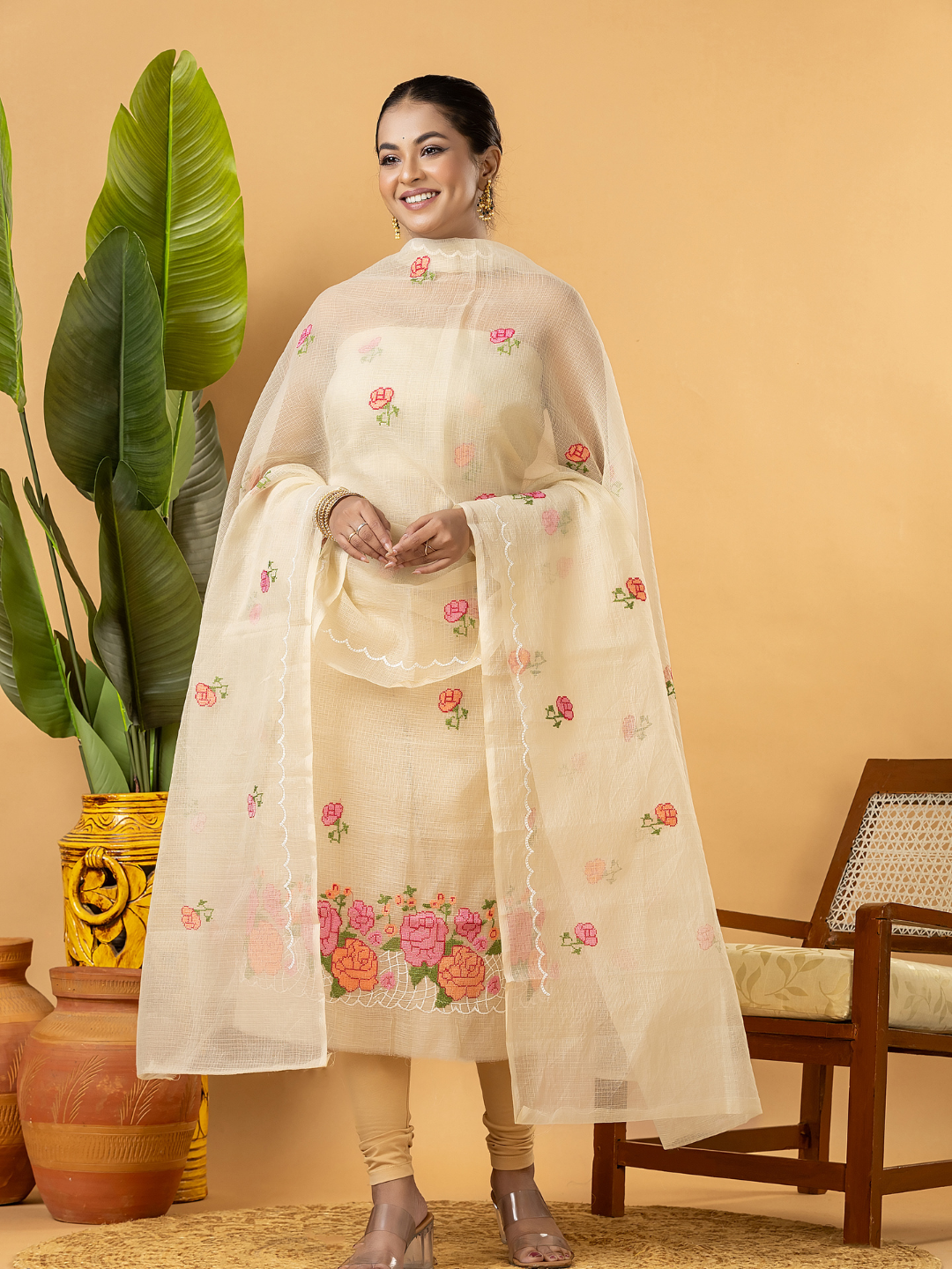 Classic Kota Doria Cotton Unstitched 2-Piece Kurti | Cream