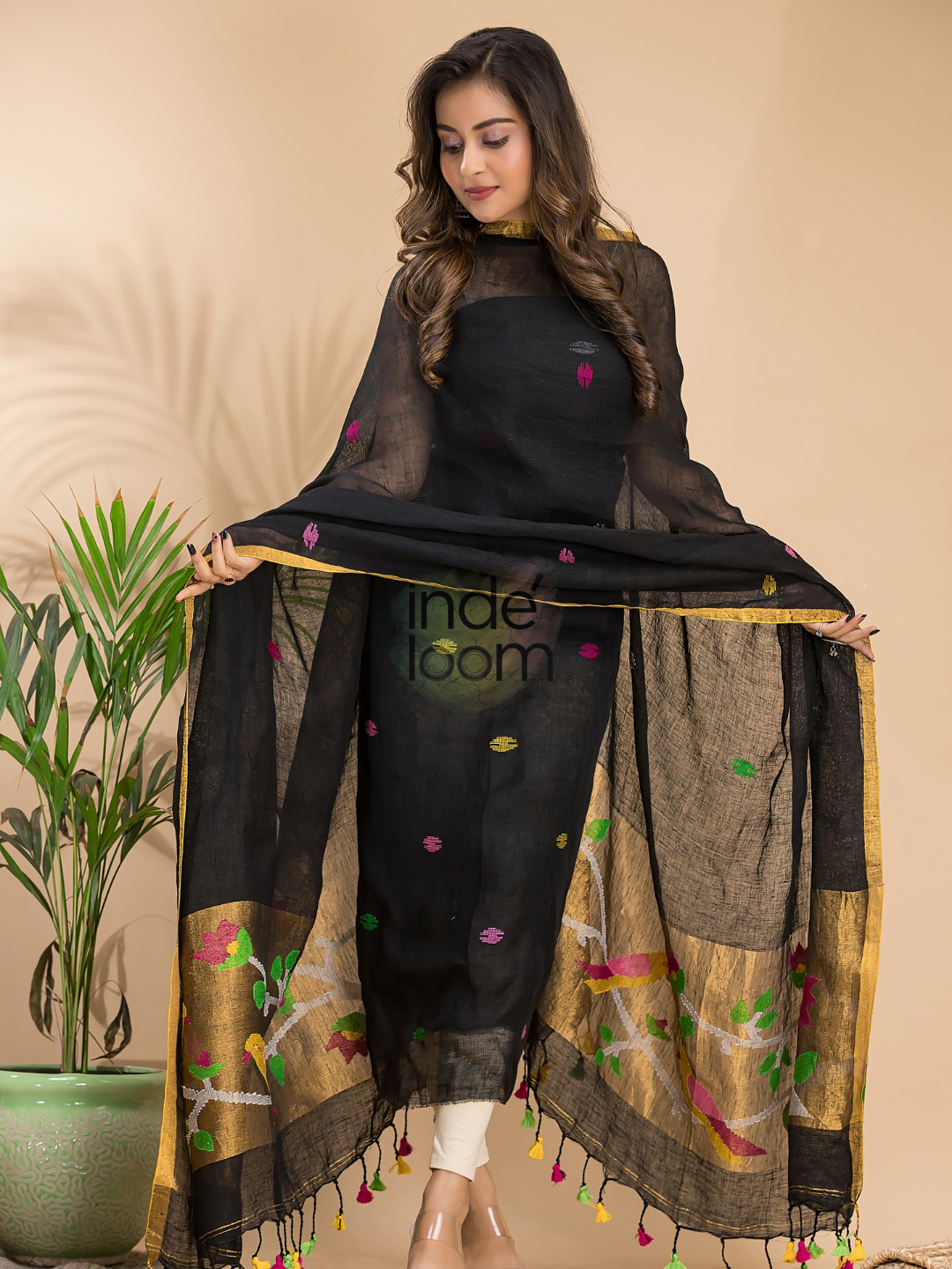 Royal Black Linen X Linen 2-Piece Set Kurti & Dupatta (UNSTITCHED) - 008