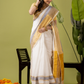 Pure Handloom Linen Saree | Pearl White  and White  | Half and Half style with Contrast Border