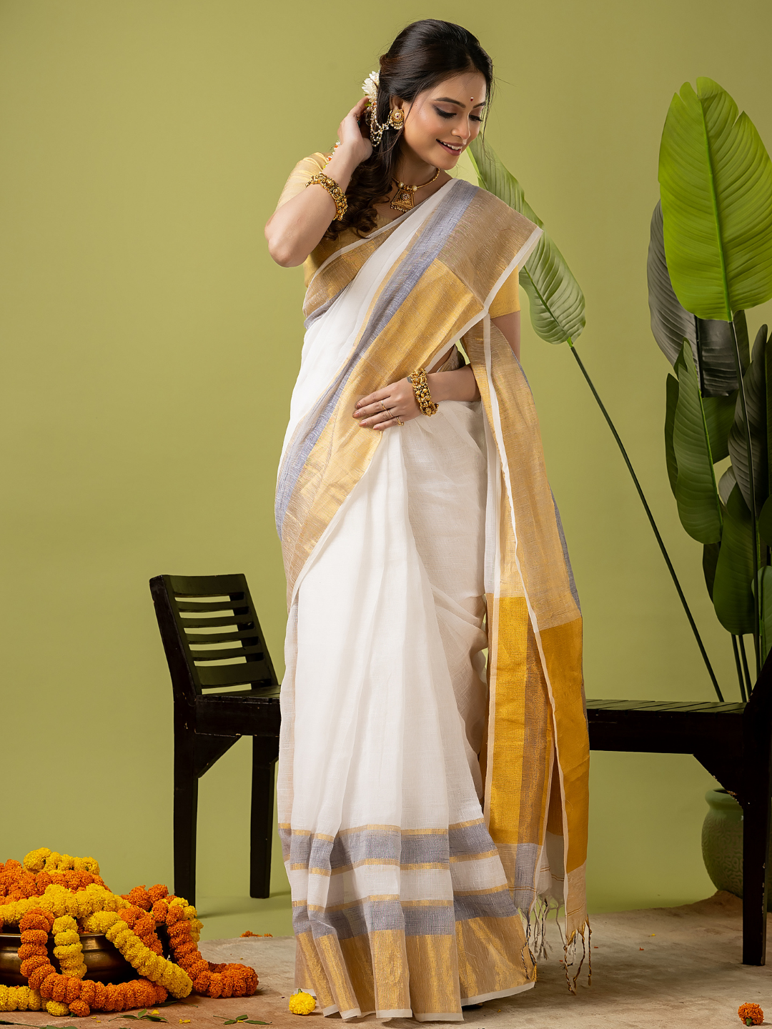 Pure Handloom Linen Saree | Pearl White  and White  | Half and Half style with Contrast Border