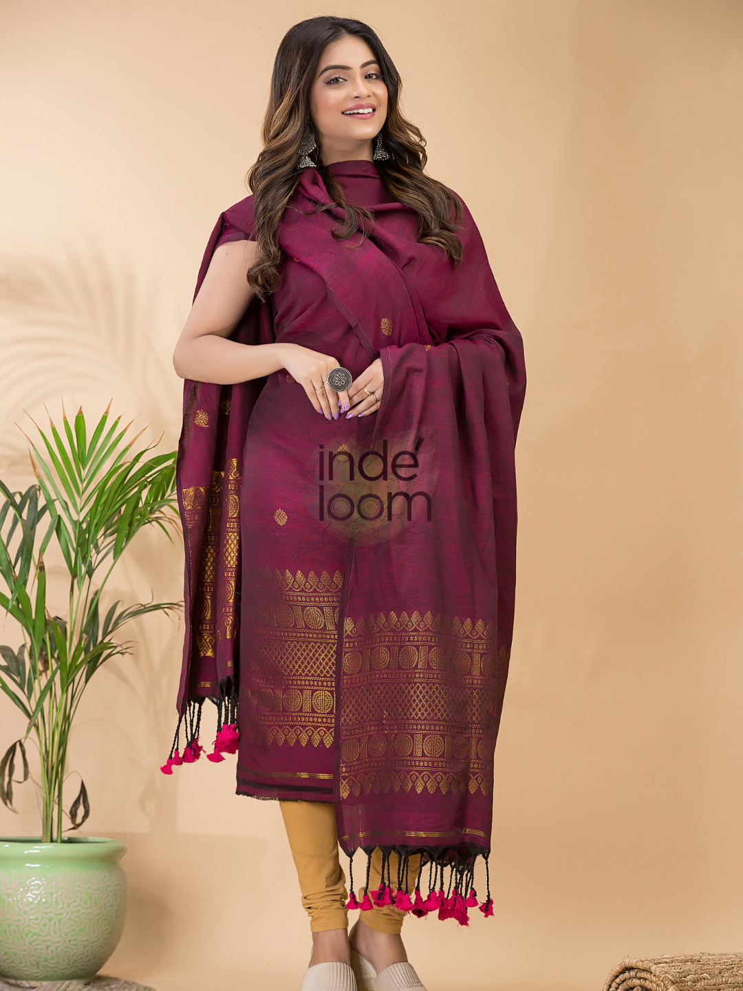 Dark Pink Organic Linen 2-Piece Set Kurti & Dupatta (UNSTITCHED) -093