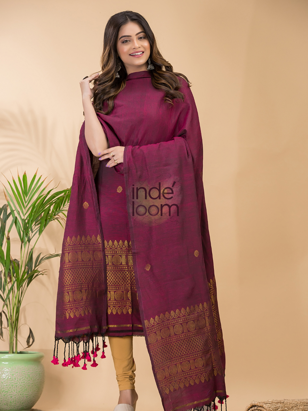 Dark Pink Organic Linen 2-Piece Set Kurti & Dupatta (UNSTITCHED) -093
