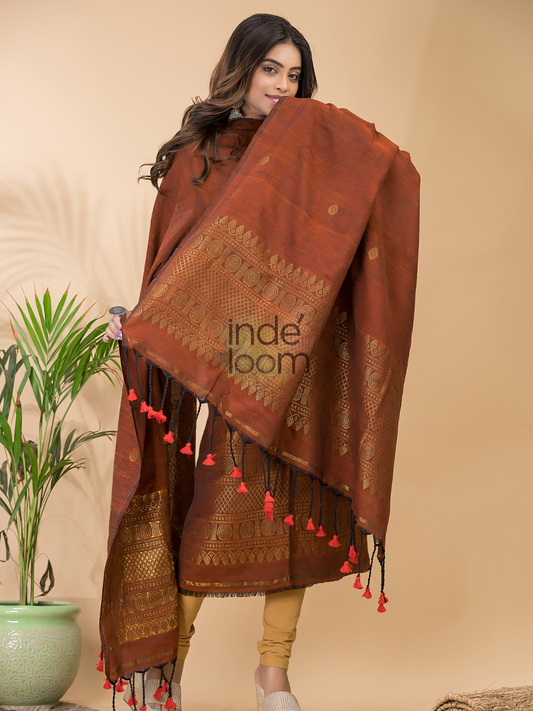 Handwoven Jamdani Linen Unstitched 2-piece Kurti  |  Chocolate Brown