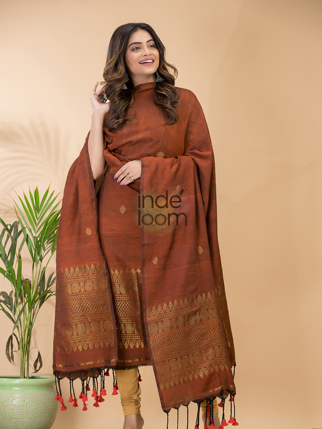 Medium Brown Organic Linen 2-Piece Set Kurti & Dupatta (UNSTITCHED) -088