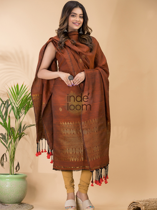 Medium Brown Organic Linen 2-Piece Set Kurti & Dupatta (UNSTITCHED) -088