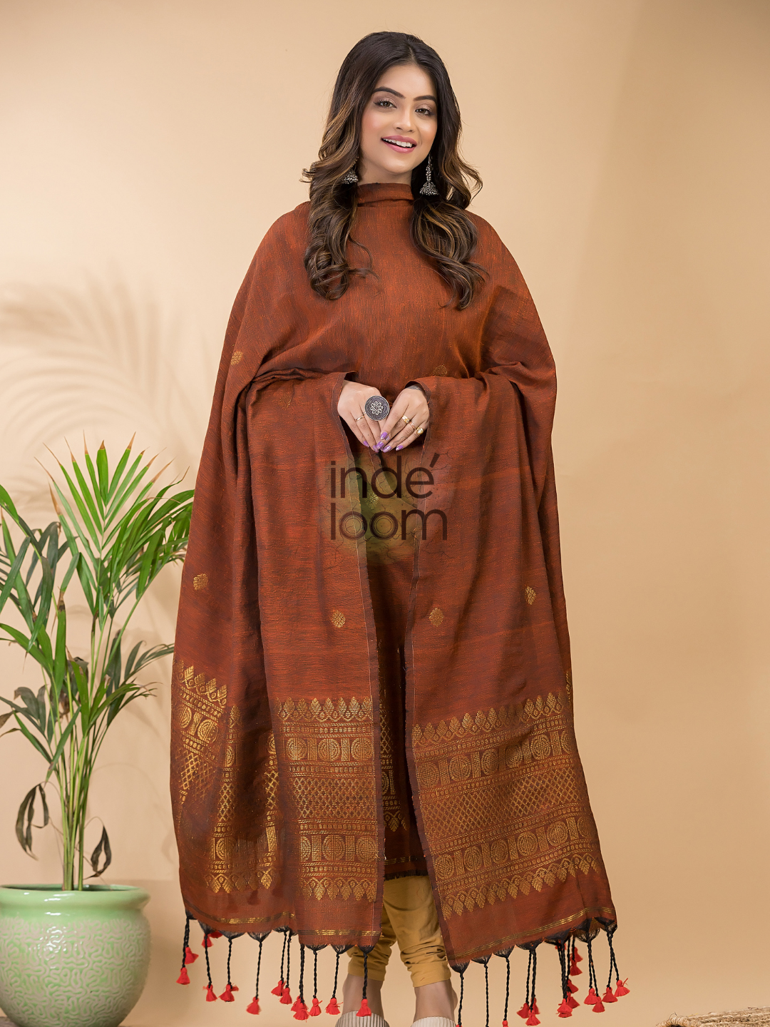 Medium Brown Organic Linen 2-Piece Set Kurti & Dupatta (UNSTITCHED) -088