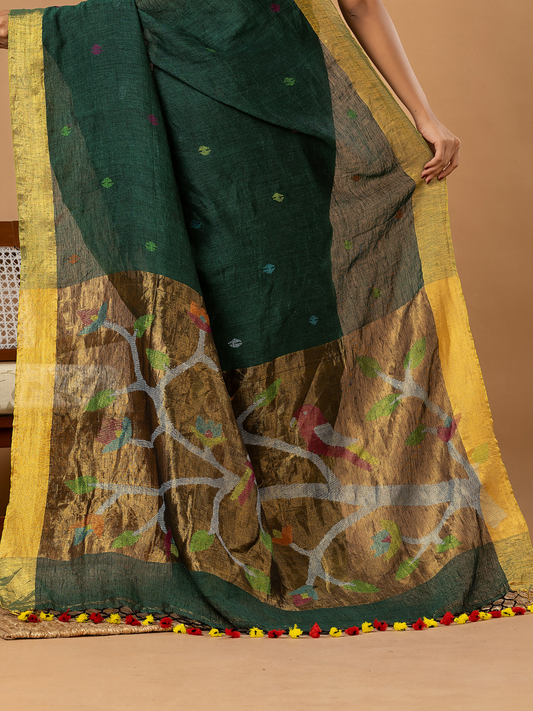 Handwoven Jamdani Linen Saree | Bottle Green