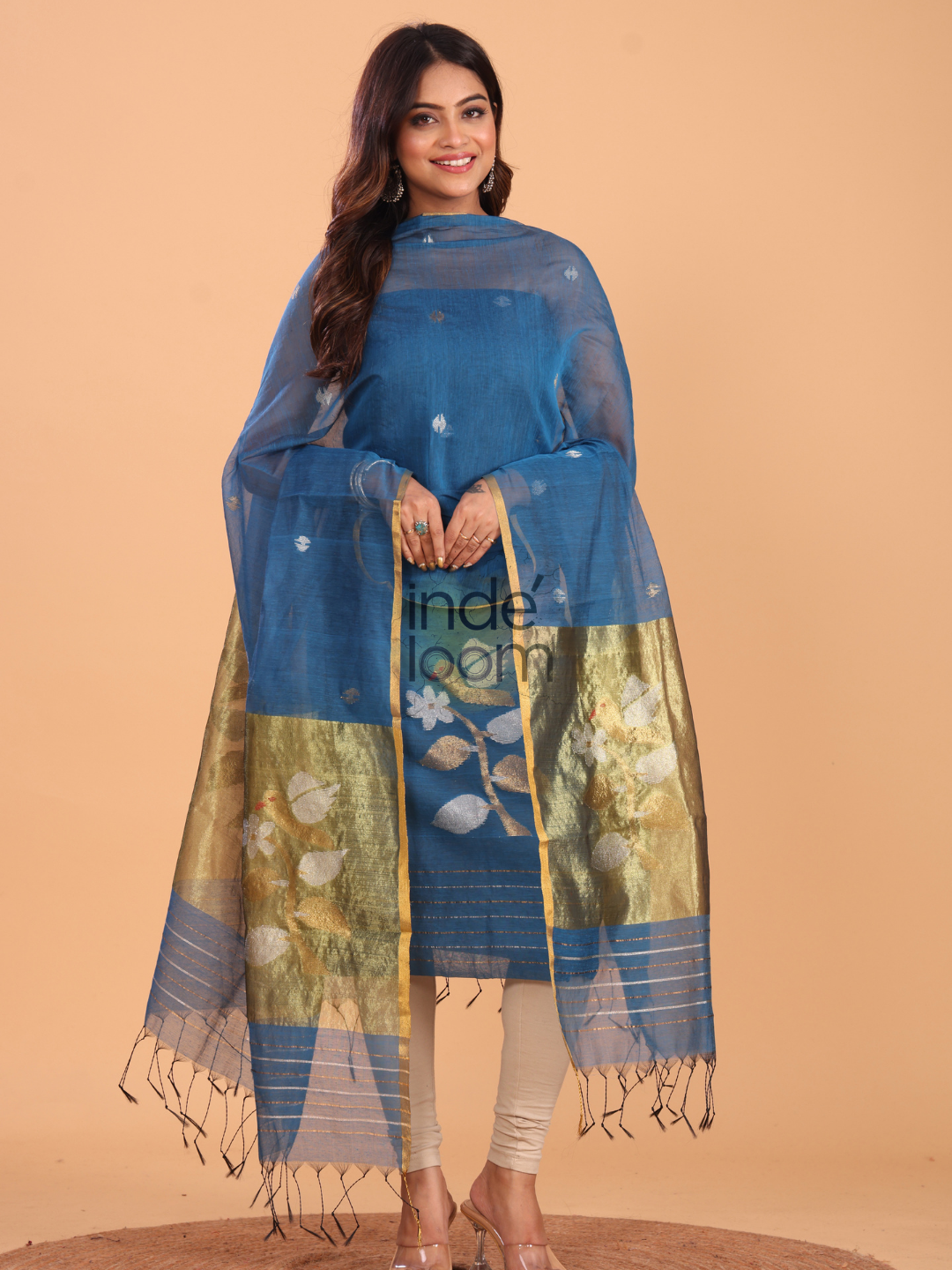 Indigo Blue Muslin Jamdani 2-Piece Set Kurti & Dupatta (UNSTITCHED) - 082