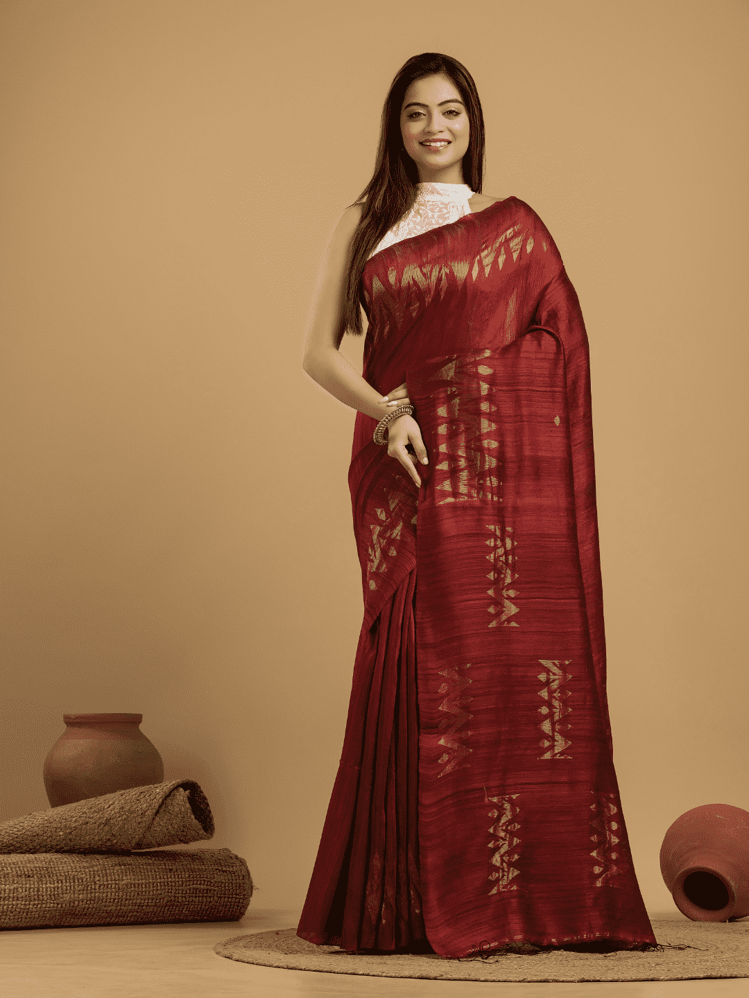 Blood Red Matka Silk Jamdani Saree - 050 - indeloom