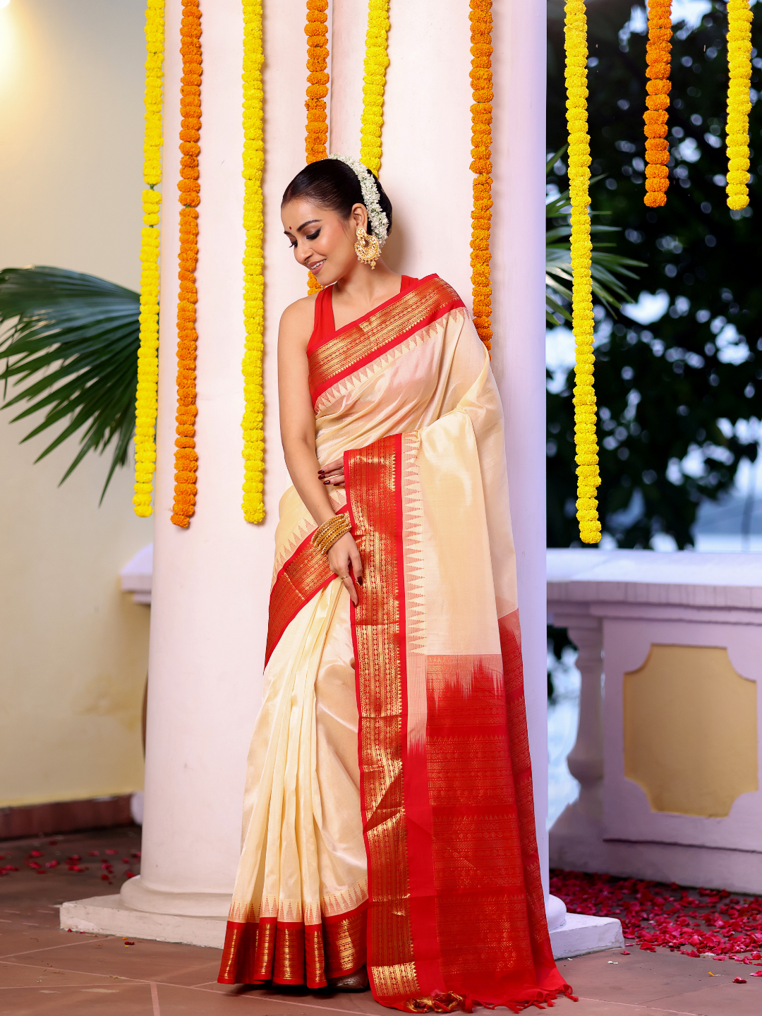 Pure Handloom Korvai Saree | Ivory White and Red