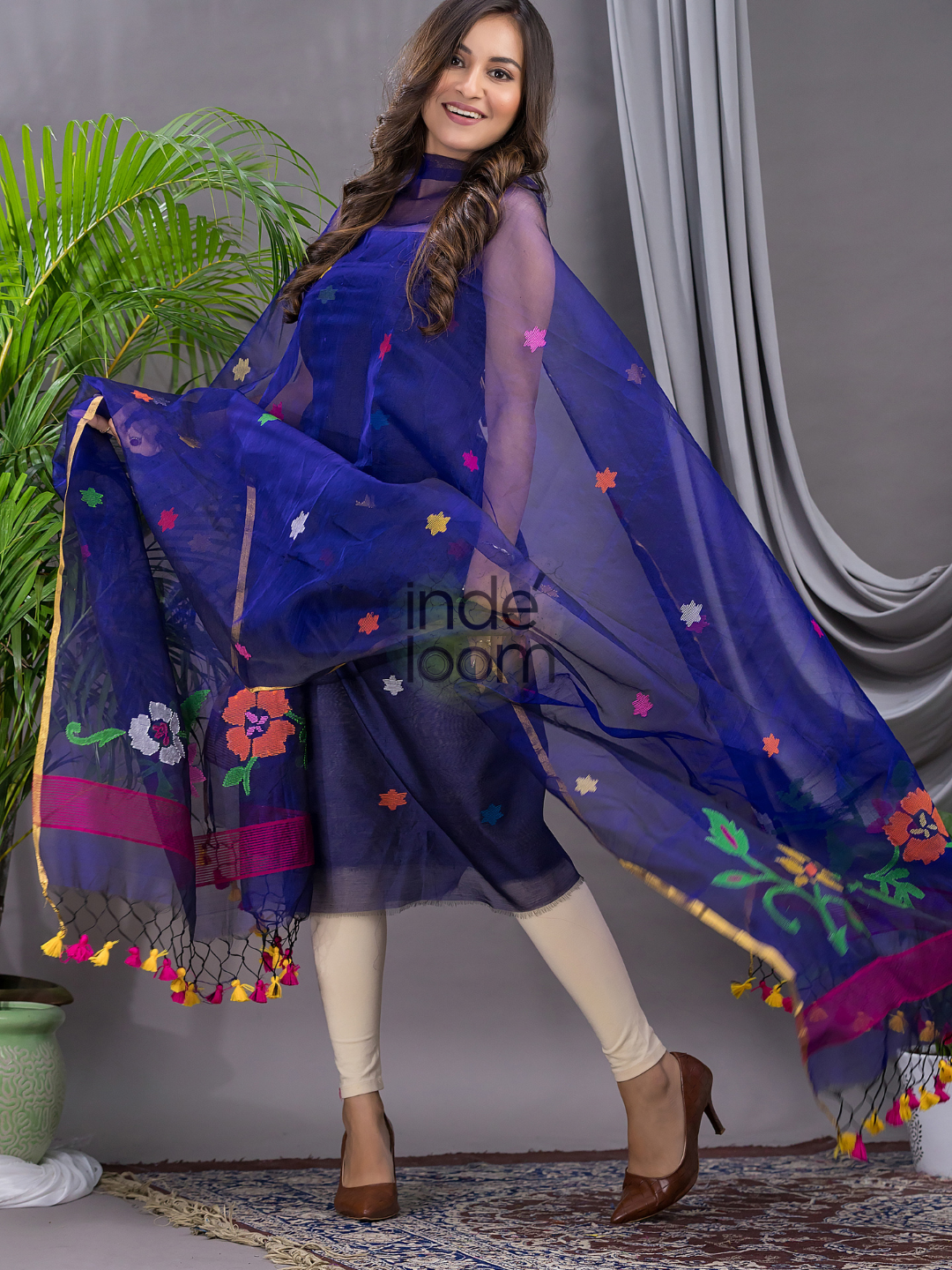 Indigo Blue Cotton Silk Jamdani 2-Piece Set Kurti & Dupatta (UNSTITCHED) - 108