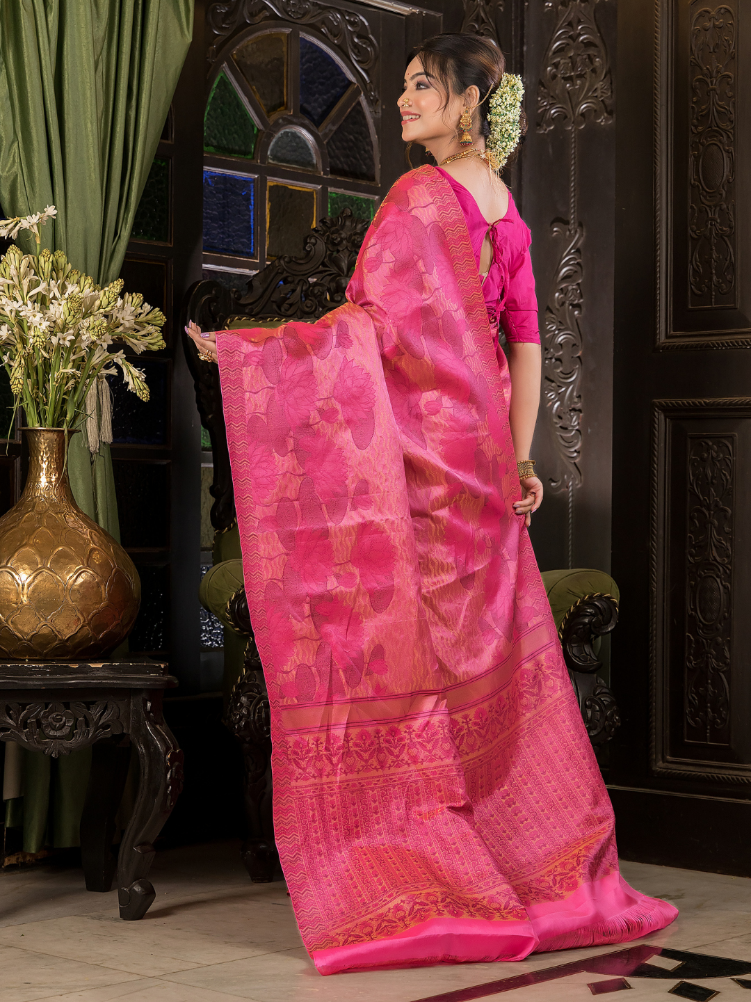 Rajani Rekha - Royal Rani pink silk with floral vine zari