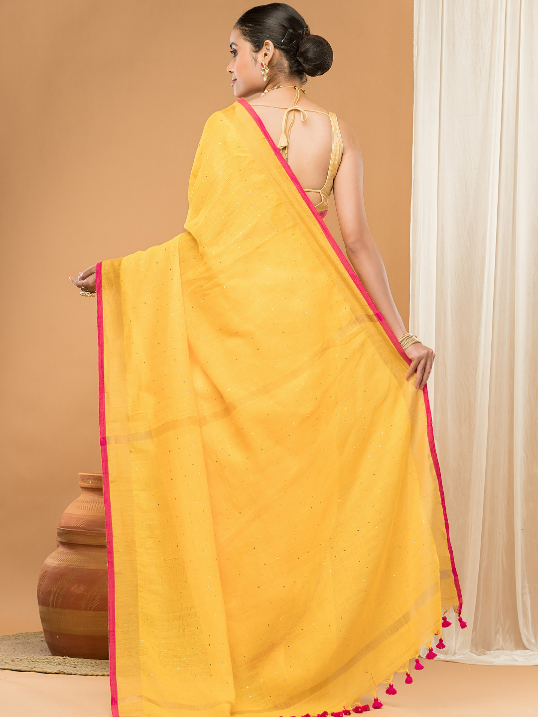 Linen Sequin Jamdani Saree With Mango Yellow - 001