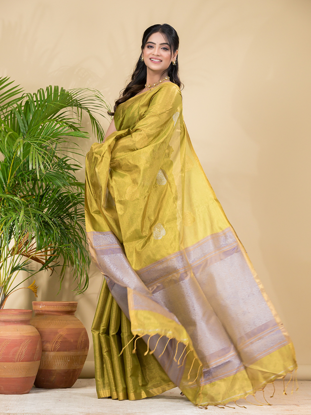 Tissue Silk Saree With Neon Yellow - 030