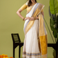 Pure Handloom Linen Saree | Pearl White  and White  | Half and Half style with Contrast Border