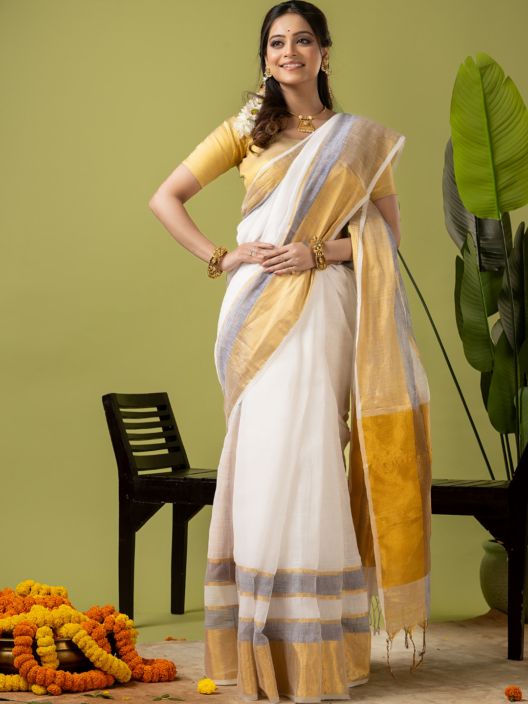 Pure Handloom Linen Saree | Pearl White  and White  | Half and Half style with Contrast Border