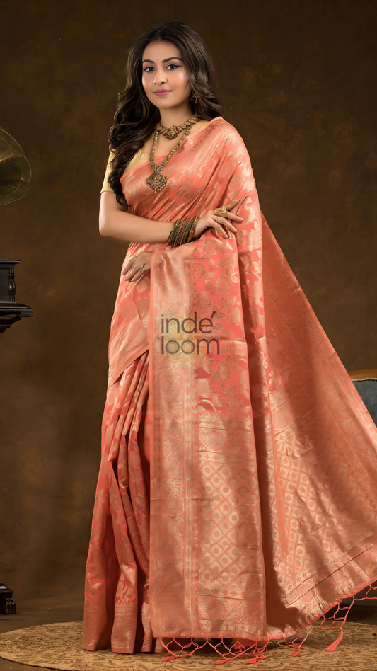 Floral woven design Silk blend Jacquard Saree | Pastel Red
