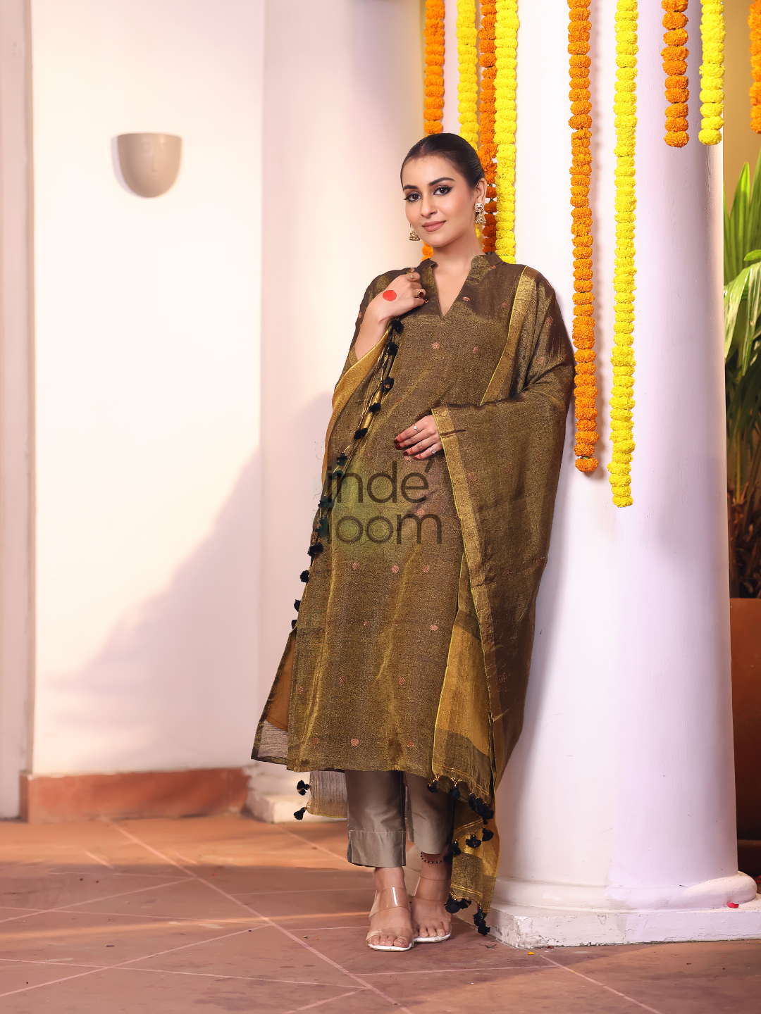Olive Green Tissue Linen Jamdani 2-Piece Set Kurti & Dupatta (UNSTITCHED) - 316
