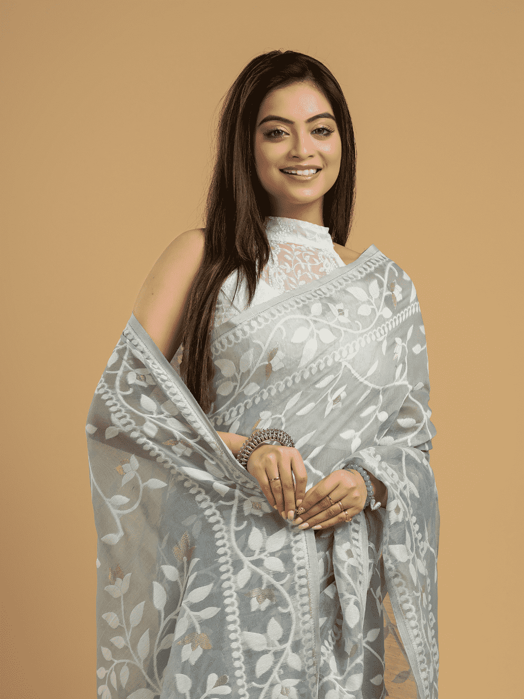 Beige Brown Cotton Silk Jamdani Saree - 028 - indeloom